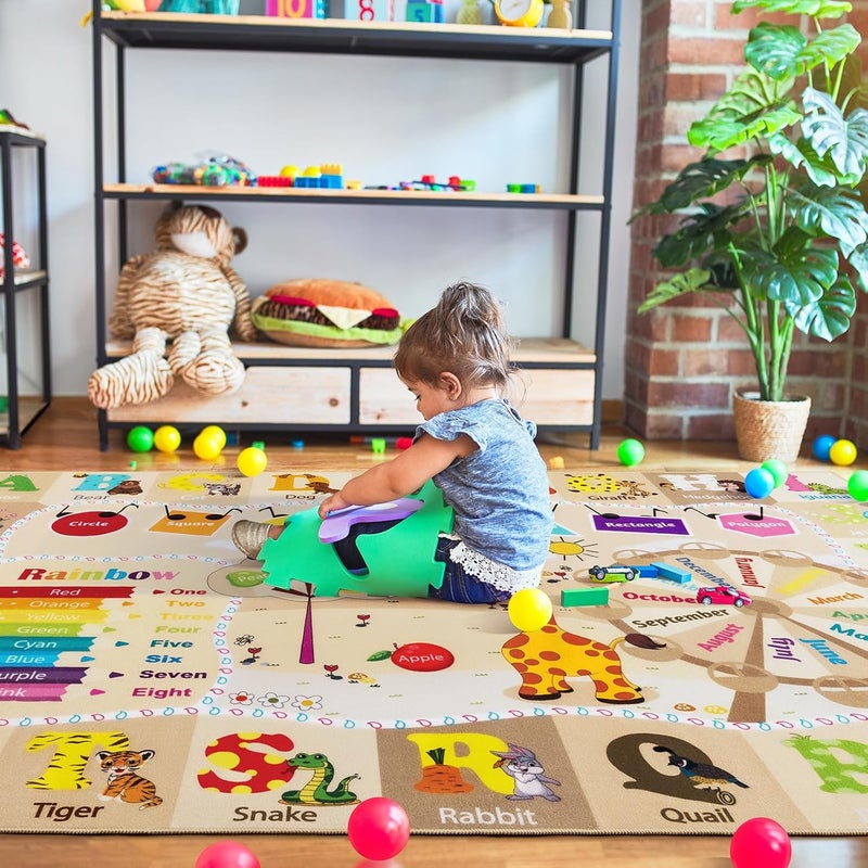 B BENRON Kids Rugs for Playroom Washable, Educational and Fun Learning Rugs with ABC Alphabet Animals Shapes, Baby Toddler Children's Play Mat for Bedroom Classroom Nursery, 5x7 Feet, Beige and Pink - Image 4